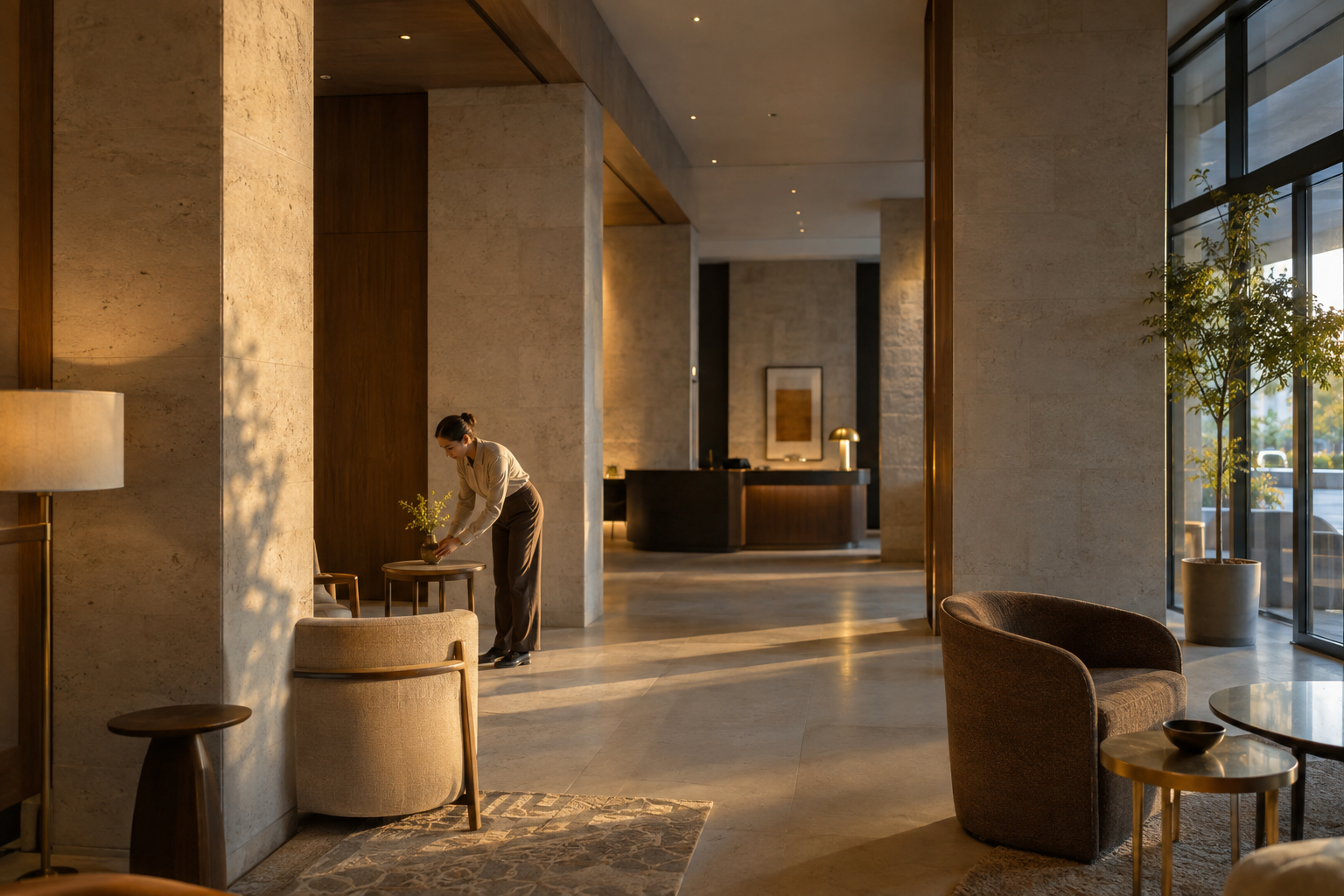 Warmly lit design hotel lobby
