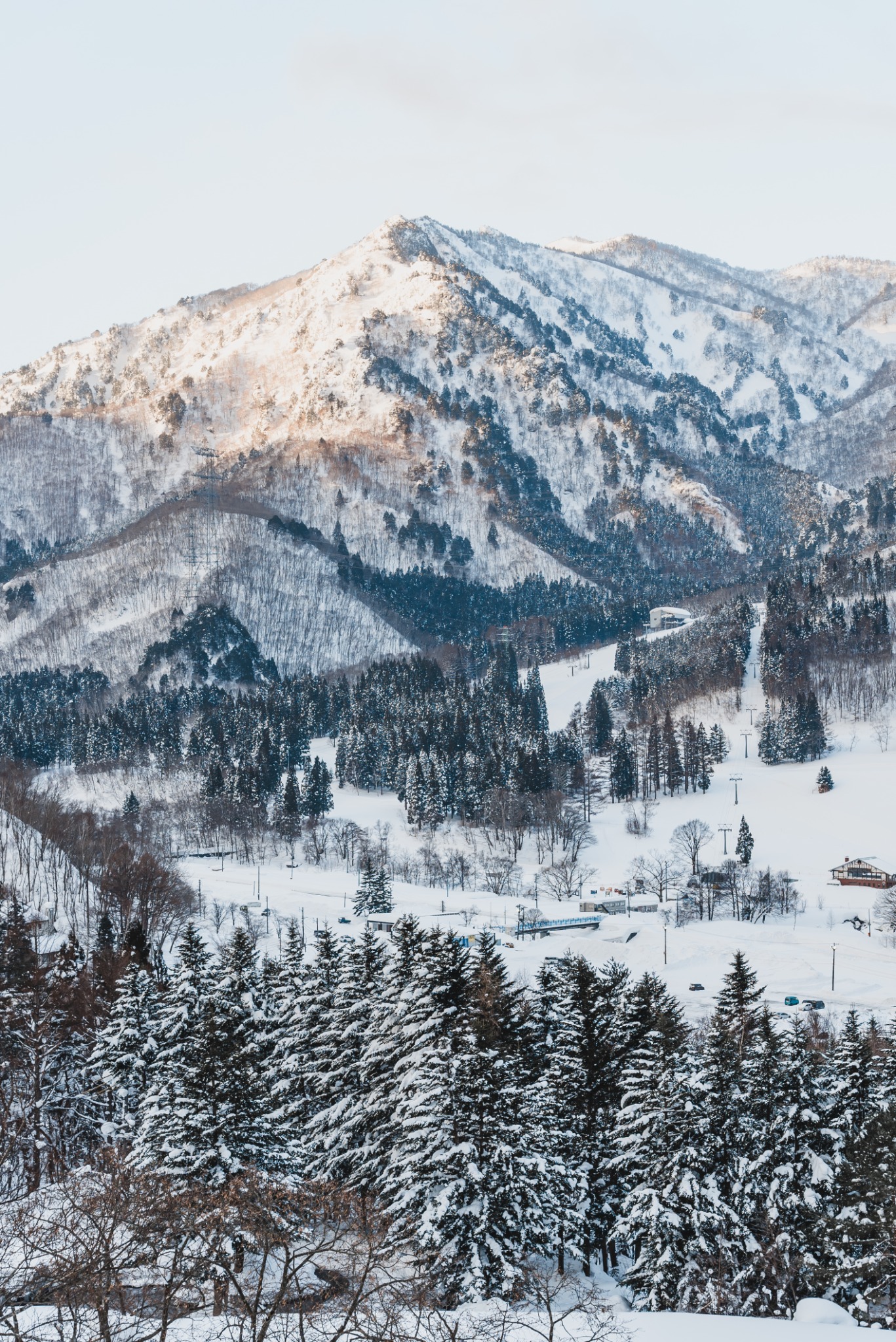 Snow-covered mountain ridge and forest in rural Japan