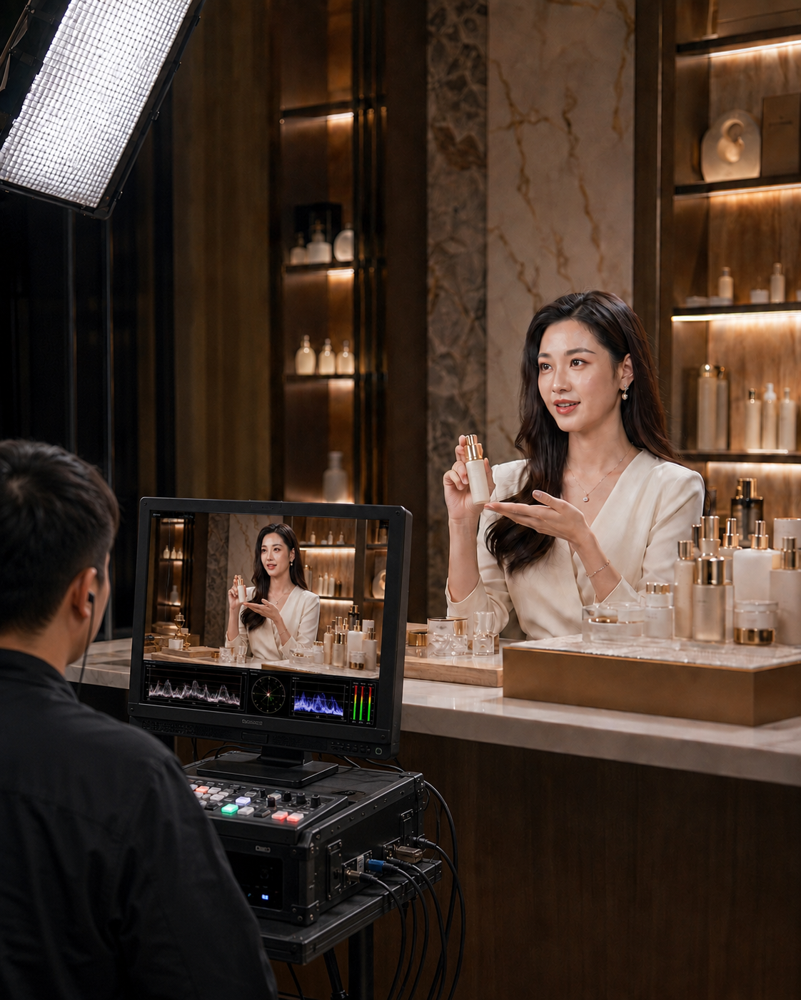Asian host on a professionally lit live commerce set while an operator monitors the program feed