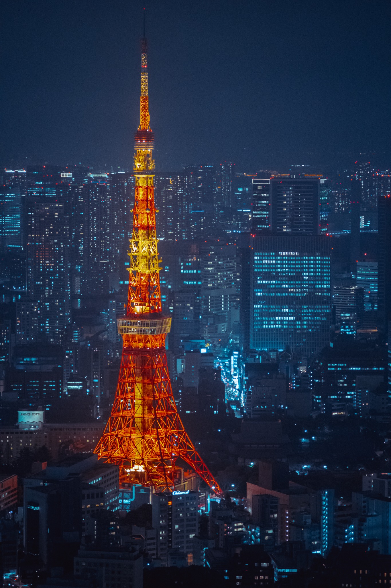 Tokyo Tower glowing orange above the blue night city